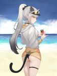  1girl alternate_costume animal_ears arknights ass bikini bikini_under_clothes black_bikini black_choker black_hair blue_sky can cat_ears cat_girl cat_tail choker closed_mouth cloud cowboy_shot day extra_ears from_behind gradient_hair grey_hair highres holding holding_can long_hair long_sleeves looking_at_viewer looking_back multicolored_hair ocean outdoors round_eyewear schwarz_(arknights) see-through sidelocks sky solo sunglasses swimsuit tail thigh_strap tinted_eyewear water wl217_(nicexa111) yellow-tinted_eyewear yellow_eyes 