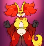  anthro beauty_mark big_breasts breasts canid canine claws delphox eyelashes female fur generation_6_pokemon hi_res inner_ear_fluff looking_at_viewer mahoxy mammal mature_female navel nintendo open_mouth pokemon pokemon_(species) red_eyes simple_background slightly_chubby smile solo standing tail_motion tailwag tuft video_games 