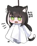  1girl animal_ear_fluff animal_ears bangs black_hair blush cat_ears cat_tail chibi commentary_request fang green_eyes karyl_(princess_connect!) kokukyukeo korean_commentary long_hair open_mouth princess_connect! simple_background skin_fang solo tail teruterubouzu translation_request white_background 