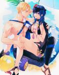  1boy 1girl ball bare_arms beachball bikini black_bikini black_footwear blonde_hair blue_eyes blue_hair blush breasts brown_footwear byleth_(fire_emblem) byleth_(fire_emblem)_(female) choker cocktail_glass couple cup dimitri_alexandre_blaiddyd drinking_glass feet_out_of_frame fire_emblem fire_emblem:_three_houses fire_emblem_heroes flower hair_flower hair_ornament hamut_nl hand_on_another&#039;s_shoulder hibiscus highres holding holding_cup innertube large_breasts looking_at_another male_swimwear medium_hair muscular muscular_male official_alternate_costume outdoors palm_tree parted_lips pectorals red_flower sandals short_hair sitting sitting_on_lap sitting_on_person swimsuit tree visor_cap wristband 