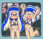  2girls ^_^ arms_up badge bare_legs barefoot blue_eyes blue_hair bobble-chan_(splatoon) bobblehat breasts button_badge cameltoe closed_eyes closed_mouth fangs frown fundoshi furrowed_brow groin hands_on_hips headphone-chan_(splatoon) headphones highres inkling inkling_girl japanese_clothes lantern leg_up long_hair multiple_girls navel outline paper_lantern short_hair short_sleeves small_breasts splatoon_(manga) splatoon_(series) striped striped_headwear suction_cups teeth tentacle_hair wavy_mouth white_outline yugmlecpdduukox 