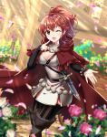  1girl ;d anna_(fire_emblem) blurry boots breasts chest_harness cleavage commission dagger dappled_sunlight depth_of_field detached_sleeves dress finger_to_face fire_emblem fire_emblem_fates flower harness highres kakiko210 knife leather_strap leggings long_hair one_eye_closed open_mouth ponytail red_eyes red_hair skeb_commission smile solo sunlight thigh_boots weapon 