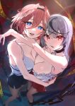  2girls :d asymmetrical_docking bangs bare_shoulders black_hair blue_eyes blush breast_press breasts caution_tape chain cleavage collar grey_hair hairband head_wings heart heart-shaped_pupils highres hololive hug long_hair looking_at_viewer misekiss multicolored_hair multiple_girls pink_hair pink_nails pleated_skirt red_eyes sakamata_chloe short_hair shorts skirt smile symbol-shaped_pupils takane_lui teeth tongue two-tone_hair virtual_youtuber 