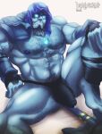  absurd_res armor barajockstrap bed blue_body blue_eyes blue_skin blush bodily_fluids body_hair bulge chest_hair clothing digital_media_(artwork) furniture genital_fluids glistening glistening_eyes hair hairy hi_res humanoid league_of_legends looking_at_viewer male muscular muscular_male nipples not_furry orc pubes riot_games simple_background solo underwear video_games yorick_(lol) 