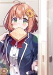  1girl absurdres ahoge bag bangs blue_jacket blurry blush bow bowtie buttons depth_of_field flower food food_in_mouth green_eyes hair_flower hair_ornament highres honma_himawari jacket long_sleeves looking_at_viewer mouth_hold nijisanji opening_door orange_hair red_bow red_bowtie school_bag shirt short_sleeves solo sunflower_hair_ornament sweatdrop toast toast_in_mouth upper_body virtual_youtuber white_shirt yumesaki_nana 