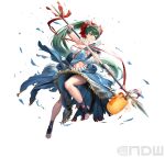  1girl absurdres bandages bandeau bangs blue_shirt blue_skirt breasts chest_sarashi cleavage cuboon fire_emblem fire_emblem:_the_blazing_blade fire_emblem_heroes full_body green_eyes green_hair grin highres holding holding_polearm holding_weapon lantern large_breasts long_hair lyn_(fire_emblem) mask mask_on_head midriff official_alternate_costume official_art paper_lantern polearm ponytail rope_belt sarashi shirt short_sleeves simple_background single-shoulder_shirt single_bare_shoulder skirt skirt_set smile solo spear standing stomach strapless torn_clothes torn_shirt tube_top very_long_hair weapon white_background 