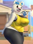  2022 4_fingers aeonspassed animal_crossing anthro black_nose blurred_background blush clothed clothing digital_media_(artwork) eyebrows female fingers fur hair hi_res looking_at_viewer mammal nintendo open_mouth outside solo tutu_(animal_crossing) ursid video_games 