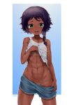 1girl abs alice_gear_aegis aomoro bangs bare_arms bare_shoulders black_hair blue_background blue_shorts blush border breasts breath clothes_lift clothes_pull collarbone commentary cowboy_shot dark-skinned_female dark_skin denim denim_shorts flying_sweatdrops green_eyes groin hand_up heavy_breathing highres lifted_by_self looking_at_viewer navel no_panties nose_blush open_mouth pulled_by_self shanti_rana shiny shiny_hair shiny_skin shirt shirt_lift short_hair_with_long_locks short_shorts shorts shorts_pull sidelocks signature small_breasts solo standing steam string sweat symbol-only_commentary tank_top teeth toned upper_teeth wet wet_clothes wet_shirt white_border white_tank_top 