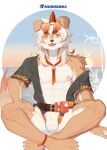  2022 abs anthro areola arknights bulge canid canine canis clothed clothing domestic_dog fur hi_res horn hung_(arknights) hypergryph looking_at_viewer male mammal morishima muscular muscular_anthro muscular_male open_clothing open_mouth open_shirt open_smile open_topwear orange_body orange_fur seaside shirt sitting smile solo studio_montagne summer topwear video_games white_body white_fur yellow_eyes 