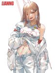  +_+ 1girl :d animal bare_shoulders breasts brown_hair cat chainsaw_man earrings fake_nails hair_ornament highres horns jacket jewelry lianng long_hair looking_at_viewer navel necklace off_shoulder open_mouth power_(chainsaw_man) red_eyes ring sharp_teeth simple_background smile solo star_(symbol) teeth white_background 