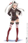  1girl amatsukaze_(kancolle) black_hairband blush brown_dress commentary deviantart_username dress english_commentary full_body garter_straps gloves hair_tubes hairband hands_on_hips highres kantai_collection legs_apart long_hair long_sleeves mathias_leth pocky_in_mouth red_footwear red_thighhighs sailor_dress shoes short_dress simple_background single_glove smoke solo standing thighhighs two_side_up web_address white_background white_gloves white_hair yellow_eyes 