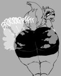 anthro big_butt bottomwear butt canid canine canis clothed clothing darkydoge domestic_dog eyelashes fangs fart fart_cloud female flatulance fluffy fluffy_tail gas hair inner_ear_fluff looking_at_viewer looking_back mammal raised_tail rear_view sharp_teeth shirt shorts solo teeth thick_thighs tongue tongue_out topwear tuft 