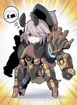  1girl chibi clenched_hand emphasis_lines food fukkatsu_saisei_kaijin grey_hair hair_over_one_eye highres mecha onigiri open_cockpit red_eyes robot segiri_(xenoblade) thought_bubble xenoblade_chronicles_(series) xenoblade_chronicles_3 