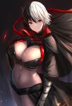  1girl arm_at_side azur_lane bangs black_background black_bodysuit black_cape black_capelet black_hair bodystocking bodysuit breasts bruenhilde_(azur_lane) cape capelet cleavage closed_mouth covered_navel cowboy_shot gauntlets gradient gradient_background hair_between_eyes hand_on_hip highres large_breasts looking_at_viewer manda_(manda9n) multicolored_hair red_eyes revision short_hair sidelocks smile solo split-color_hair standing waist_cape white_hair 