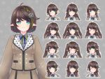  1girl ^_^ ahoge bangs blue_eyes braid brown_hair brown_jacket brown_skirt closed_eyes collared_shirt copyright_request cropped_torso dress_shirt expressions facing_viewer green_eyes green_hair grey_background grey_shirt grin hair_ornament hair_over_shoulder hand_up ittokyu jacket long_hair long_sleeves looking_at_viewer multicolored_hair multiple_views one_side_up outline pointy_ears shirt side_ponytail single_braid skirt sleeves_past_wrists smile streaked_hair upper_body white_outline 