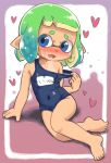  1girl bare_arms bare_legs bare_shoulders barefoot blue_eyes blue_hair blue_one-piece_swimsuit clothes_pull covered_navel fangs flat_chest full_body furrowed_brow gradient_hair green_hair heart highres inkling inkling_girl looking_to_the_side multicolored_hair name_tag old_school_swimsuit one-piece_tan open_mouth pointy_ears pulled_by_self school_swimsuit short_hair sitting solo splatoon_(series) suction_cups sweat swimsuit swimsuit_pull tan tanlines tentacle_hair two-tone_hair yokozuwari yugmlecpdduukox 