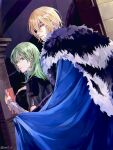  1boy 1girl blonde_hair blue_cape blue_eyes book byleth_(fire_emblem) byleth_(fire_emblem)_(female) cape dimitri_alexandre_blaiddyd eyepatch fire_emblem fire_emblem:_three_houses fur_cape green_eyes green_hair hair_between_eyes hamut_nl highres holding holding_book long_hair looking_at_viewer looking_back medium_hair narrowed_eyes pillar upper_body 