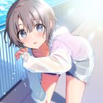  1girl bangs blue_shorts blush collarbone feet_out_of_frame grey_eyes grey_hair idolmaster idolmaster_cinderella_girls jacket leaning_forward long_sleeves looking_at_viewer open_mouth otokura_yuuki outdoors railing shorts sidelocks solo standing sweat water white_jacket yumesaki_nana 