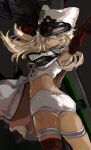  1girl armpits ass bangs bat_wings black_background blonde_hair breasts cape closed_mouth clover dark-skinned_female dark_skin floating_hair found_modori four-leaf_clover from_behind guilty_gear guilty_gear_strive hat highres huge_weapon long_hair looking_at_viewer looking_back military_hat one_eye_covered outstretched_arm peaked_cap ramlethal_valentine short_shorts shorts skindentation solo sword thick_thighs thigh_strap thighs twisted_torso weapon white_cape white_headwear wind wind_lift wings yellow_eyes 