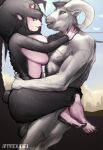  absurd_res anthro band1tnsfw big_breasts black_body black_fur black_wool bovid breasts caprine city cityscape crown digital_drawing_(artwork) digital_media_(artwork) duo embrace eyeliner eyeshadow feet female fur green_eyes grey_body grey_fur hand_on_butt hands_behind_head hi_res horn hug looking_at_another looking_pleasured makeup male male/female mammal muscular muscular_male portrait sex sheep simple_background thick_thighs wool_(fur) 