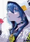  1girl absurdres bangs blue_eyes blue_hair blue_sailor_collar bow bowtie drinking_straw from_side hair_between_eyes hands_up highres holding hololive hood hooded_jacket hoshimachi_suisei jacket juice_box long_hair long_sleeves open_clothes open_jacket parted_lips roitz_(_roitz_) sailor_collar sideways_glance simple_background solo virtual_youtuber white_background white_jacket yellow_bow yellow_bowtie 