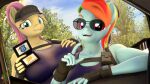  3d_(artwork) 4k absurd_res anthro anthrofied badge big_breasts breasts car clothing digital_media_(artwork) dongly12 duo equid equine eyewear female fluttershy_(mlp) friendship_is_magic hair hat headgear headwear hi_res mammal my_little_pony pegasus police ponytail rainbow_dash_(mlp) source_filmmaker sunglasses vehicle wings 