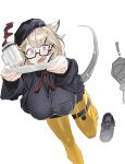  ! 1girl 1other absurdres animal_ear_fluff animal_ears arknights bangs black-framed_eyewear black_footwear black_headwear black_shirt black_skirt blonde_hair breasts coffee coffee_mug cup doctor_(arknights) glasses hat highres large_breasts leg_up loafers long_sleeves mask miniskirt mug official_alternate_costume open_mouth outstretched_arms pantyhose peeking pleated_skirt purple_eyes renxzd semi-rimless_eyewear shirt shoes shoes_removed short_hair simple_background skirt solo_focus tail thigh_strap tripping under-rim_eyewear utage_(arknights) utage_(disguise)_(arknights) white_background wide-eyed yellow_pantyhose 