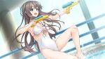  1girl :d armpits bare_arms bare_legs barefoot blue_eyes blush breasts brown_hair casual_one-piece_swimsuit cleavage dual_wielding floating_hair fuyu_kiss game_cg holding holding_water_gun indoors long_hair medium_breasts non-web_source one-piece_swimsuit open_mouth pool shinomiya_touka shiny shiny_hair sidelocks smile solo straight_hair sunlight swimsuit unasaka_ryou very_long_hair water_gun white_one-piece_swimsuit 