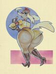  2022 3:4 big_butt blonde_hair boots breasts butt canid canine canis clothed clothing cuphead_(game) digital_media_(artwork) domestic_dog eyelashes female fingerless_gloves footwear fur gesture gloves hair handwear hat headgear headwear hi_res high_heeled_boots high_heels hunting_dog looking_at_viewer mammal one_eye_closed open_mouth pilot_saluki_(cuphead) rear_view saluki sighthound simple_background smile solo teeth thick_thighs thumbs_up topwear uniform video_games wink wolftang 