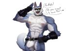  abs absurd_res anthro belt big_muscles black_nose blue_body blue_fur bottomwear bulge canid canine canis clothed clothing collar dialogue dislyte ear_piercing eyewear freddy_(dislyte) fur hi_res male mammal multicolored_body multicolored_fur muscular muscular_anthro muscular_male nipples open_mouth open_smile pecs piercing prick_ears rabbitdx26 scar sharp_teeth simple_background smile solo sunglasses teeth topless two_tone_body two_tone_fur white_background white_body white_fur wolf 