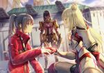  1girl 2boys absurdres animal_ear_fluff animal_ears armor artist_name black_hair blue_eyes blue_sky bruise cat_ears cloud crying crying_with_eyes_open despair highres holding holding_hands holding_sword holding_weapon injury kneeling light_rays long_hair looking_at_another lucky_seven_(xenoblade) m_(xenoblade) mio_(xenoblade) multiple_boys n_(xenoblade) noah_(xenoblade) outdoors ponytail shaded_face sheath sky smile spoilers staring sunbeam sunlight surprised sword tattoo tears weapon white_hair xenoblade_chronicles_(series) xenoblade_chronicles_3 yellow_eyes zane_fnyx7843 