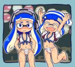  2girls ^_^ arms_up badge bare_legs barefoot blue_eyes blue_hair bobble-chan_(splatoon) bobblehat breasts button_badge cameltoe closed_eyes closed_mouth fangs frown fundoshi furrowed_brow groin hands_on_hips headphone-chan_(splatoon) headphones highres inkling inkling_girl japanese_clothes lantern leg_up long_hair multiple_girls navel outline paper_lantern short_hair short_sleeves small_breasts splatoon_(manga) splatoon_(series) striped striped_headwear suction_cups teeth tentacle_hair water wavy_mouth wet white_outline yugmlecpdduukox 