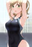  1girl armpits arms_up black_one-piece_swimsuit breasts collarbone commentary_request covered_navel cowboy_shot green_eyes highres inuyama_aoi large_breasts long_hair looking_at_viewer nekosination open_mouth outdoors solo swimsuit thick_eyebrows twitter_username wet yurucamp 