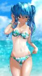  1girl aigami_kaon aqua_bikini bangs bikini blue_eyes blue_hair blue_sky blurry blurry_background breasts cleavage closed_mouth cloud commentary day floral_print garter-velvet highres lens_flare long_hair medium_breasts navel ocean original outdoors print_bikini side-tie_bikini_bottom sky solo swimsuit tan tanlines thigh_gap twintails twitter_username 