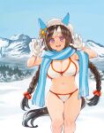  animal_ears bikini braid collarbone commentary_request hokko_tarumae_(umamusume) horse_ears horse_tail looking_at_viewer mittens mountain navel open_mouth purple_eyes ryoji_(nomura_ryouji) scarf sky snow swimsuit tail tree twin_braids umamusume 