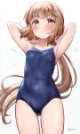  1girl armpits arms_behind_head arms_up blue_one-piece_swimsuit blush breasts brown_eyes brown_hair chiyosuke_(nosuke21) commission covered_navel cowboy_shot highres idolmaster idolmaster_cinderella_girls long_hair low_ponytail new_school_swimsuit one-piece_swimsuit school_swimsuit skeb_commission small_breasts solo swimsuit very_long_hair wet yorita_yoshino 