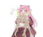  2girls :d animal_ears bangs black_dress black_jacket blush bumgae cat_ears closed_mouth commentary_request dress fake_animal_ears green_hair hair_flaps highres jacket korean_commentary kusanagi_nene long_hair long_sleeves mechanical_ears multiple_girls ootori_emu pink_eyes pink_hair project_sekai purple_eyes rabbit_ears sidelocks simple_background smile sparkle upper_body very_long_hair white_background 