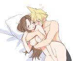  1boy 1girl aerith_gainsborough bangs bed_sheet blonde_hair blush breasts brown_hair closed_eyes clothed_male_nude_female cloud_strife couple cowboy_shot cuddling earrings final_fantasy final_fantasy_vii final_fantasy_vii_remake grey_pants hair_between_eyes hair_down heart hetero hug hug_from_behind jewelry krudears long_hair lying medium_breasts nipples nude on_side pants parted_bangs parted_lips pillow short_hair single_earring spike thighs topless_male 