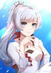  1girl absurdres blue_eyes blush breasts cowboy_shot earrings grey_hair hand_on_hip high_ponytail highres jewelry long_sleeves looking_at_viewer necklace ponytail rwby s-masa_7131 scar scar_across_eye smile snow solo weiss_schnee wide_sleeves 