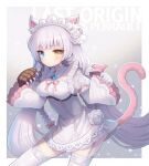  1girl animal_ears animal_hands asymmetrical_gloves bangs blue_eyes blue_gemstone blush bow braid breasts brown_gloves cat_ears cat_girl cat_tail character_name claw_(weapon) closed_mouth copyright_name dress eyelashes flower frilled_sleeves frills garter_straps gem gloves glowing grey_bow grey_hair heterochromia last_origin long_eyelashes long_hair looking_at_viewer lunaticmed maid_headdress mismatched_gloves multicolored_bow perrault_(last_origin) pink_bow pink_ribbon puffy_sleeves ribbon rose skindentation solo star_(symbol) tail thighhighs twintails very_long_hair weapon white_dress white_flower white_gloves white_rose white_thighhighs yellow_eyes 