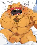  2022 anthro balls bed bed_sheet bedding blush brown_pawpads canid canine canis dialogue domestic_dog dribble_(warioware) exposed eyebrows fur furniture genitals grey_body grey_fur head_tuft humanoid_genitalia humanoid_penis hyaku_(artist) japanese_text male mammal muscular muscular_male nintendo nude open_mouth orange_body orange_fur pawpads pecs penis red_body red_fur solo text tuft underbite video_games warioware 