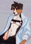  2022 anthro black_body black_fur brown_eyes canid canine canis clothed clothing digital_media_(artwork) domestic_dog free-opium fur hi_res male mammal sitting smile solo 