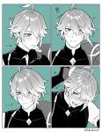  ! !! ...! 1boy ahoge alhaitham_(genshin_impact) bangs blush cape closed_mouth commentary_request expressions genshin_impact gloves greyscale hair_between_eyes hair_over_one_eye heart male_focus mj_(11220318) monochrome multiple_views open_mouth partially_fingerless_gloves saliva shoulder_cape simple_background sweat twitter_username upper_body 