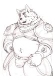  2022 anthro armor belly blush bodily_fluids bulge canid canine canis clothing domestic_dog ellie_saionji hi_res humanoid_hands kemono male mammal overweight overweight_male simple_background sketch solo sweat underwear 