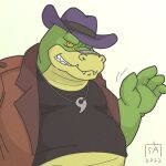  2022 4_fingers alligator alligatorid anthro belly brok_(character) brok_the_investigator clothing crocodilian fingers goyemon_k green_body hat headgear headwear humanoid_hands kemono male overweight overweight_male reptile scalie shirt simple_background solo topwear video_games 
