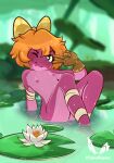  absurd_res amphibia_(series) amphibian bodily_fluids bow_ribbon butt disney female flat_chested frog hair hi_res looking_at_viewer nipples nude orange_hair outside pink_body pink_skin polly_plantar pond saurus_requiem short_hair sitting smile sweat tomboy tongue tongue_out water wet 
