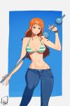  1girl absurdres bangs bikini breasts commentary denim highres jeans jewelry l4wless large_breasts long_hair looking_at_viewer nami_(one_piece) navel one_piece orange_hair pants smile solo standing swimsuit tattoo 