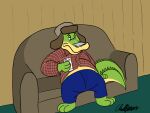  2021 3_toes alligator alligatorid anthro bottomwear brok_(character) brok_the_investigator can clothing container crocodilian feet furniture green_body hat headgear headwear hi_res inside male pants reptile scalie shirt sitting sobieniak sofa solo toes topwear video_games 