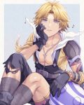  1boy absurdres arm_guards armor asymmetrical_legwear bangs black_gloves black_overalls black_shorts blitzball blonde_hair blue_background blue_eyes blush border chain_necklace collarbone feet_out_of_frame final_fantasy final_fantasy_x gloves hand_on_own_cheek hand_on_own_face highres hood hood_down hoodie jewelry looking_at_viewer lyric_(hina9111) male_focus musical_note necklace overalls parted_bangs pectorals short_hair shorts shoulder_armor sitting solo tidus torn_clothes torn_shorts yellow_hoodie 