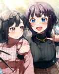  2girls :d arm_hug asaka_karin bag black_eyes black_hair black_sweater blue_eyes blush braid frilled_shirt frills hair_ornament hairclip handbag heart heart-shaped_pupils jewelry looking_at_another looking_back love_live! love_live!_nijigasaki_high_school_idol_club mia_(fai1510) multiple_girls necklace one_side_up open_mouth pink_shirt pointing ribbed_sweater shirt smile sweater symbol-shaped_pupils teeth turtleneck turtleneck_sweater upper_teeth yuuki_setsuna_(love_live!) 